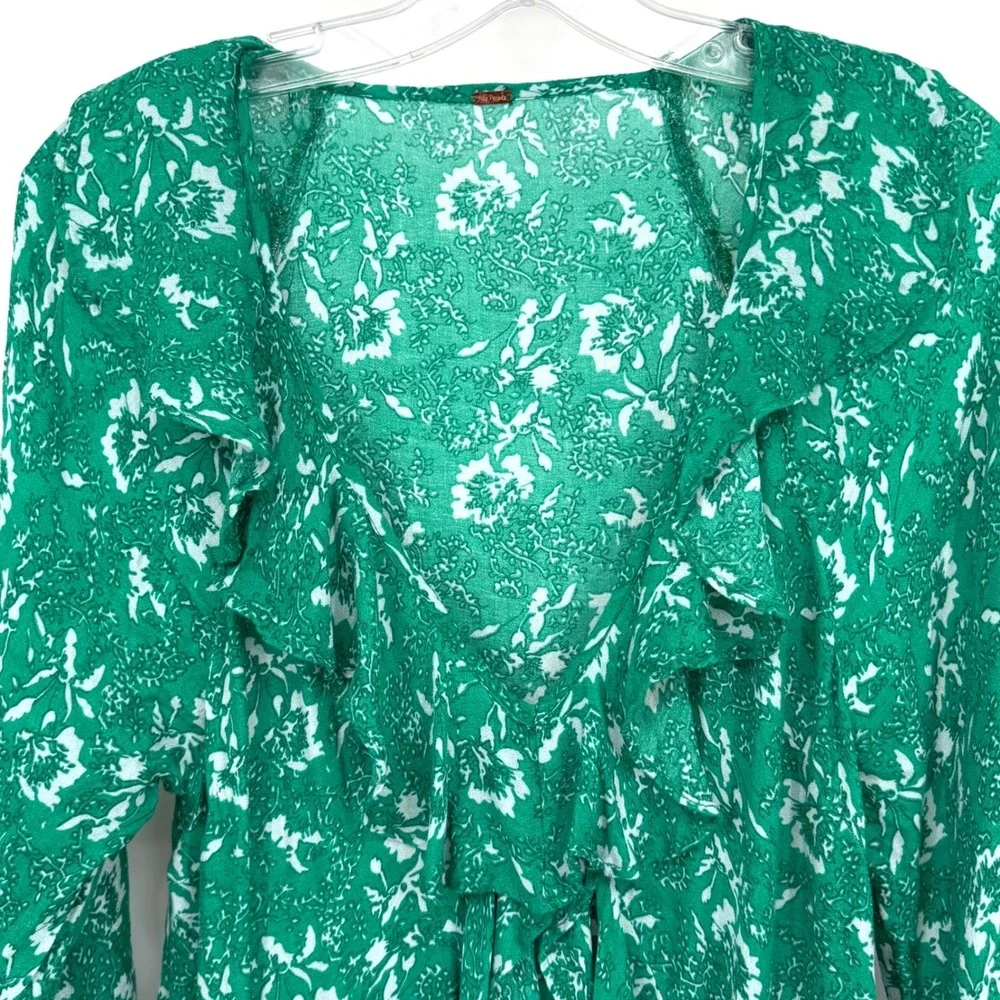Free People Rebecca Mini Dress Womens S Green Floral Ruffle Boho Cottage Fairy